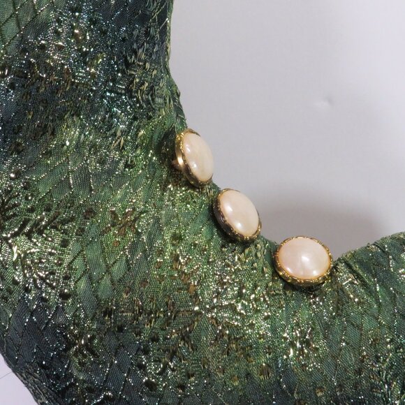 Green Brocade Vintage Victorian High Heel boot stocking Holiday 20" long - Picture 7 of 11